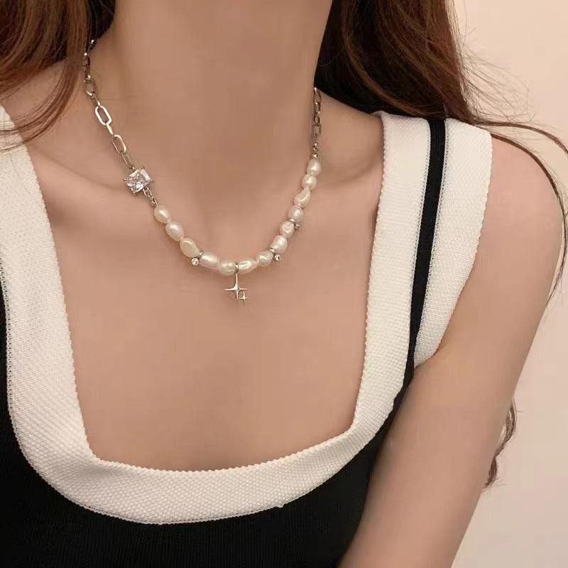 Irregular clavicle chain pearl zircon star necklace — Twinkles For You