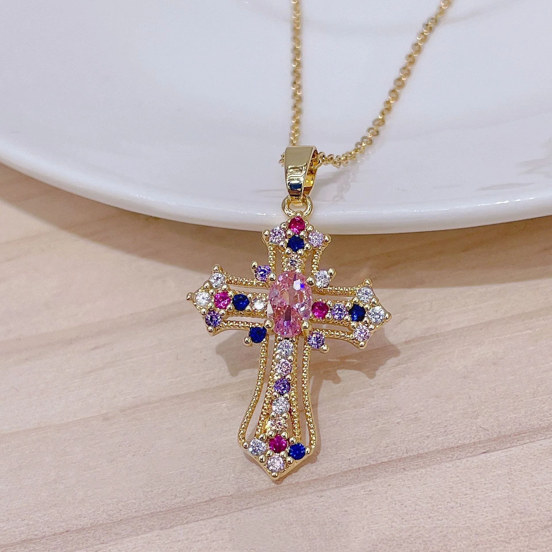 Retro Punk Colorful Zircon Cross Necklace — Twinkles For You